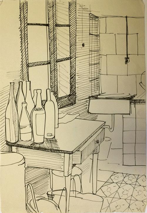 The back wall of the kitchen of the rented house, just outside of Ibiza, 1962