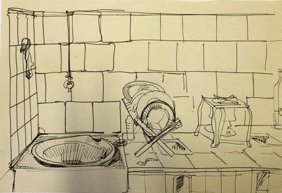 Nested in the sink, a pottery basin held water for washing vegetables and dishes.