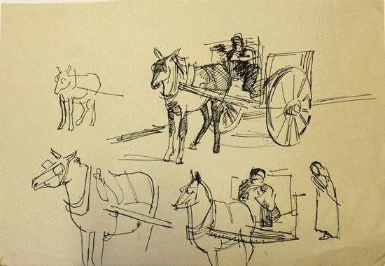 Sketch of donkey carts in the New Town of Ibiza